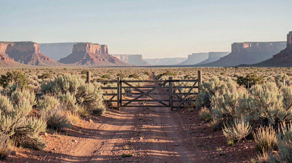 A closed wooden ranch gate across a dirt road running straight through a sagebrush flat toward red mesas under a wide, pale desert sky, low sun casting long shadows from the gate and fence posts.
