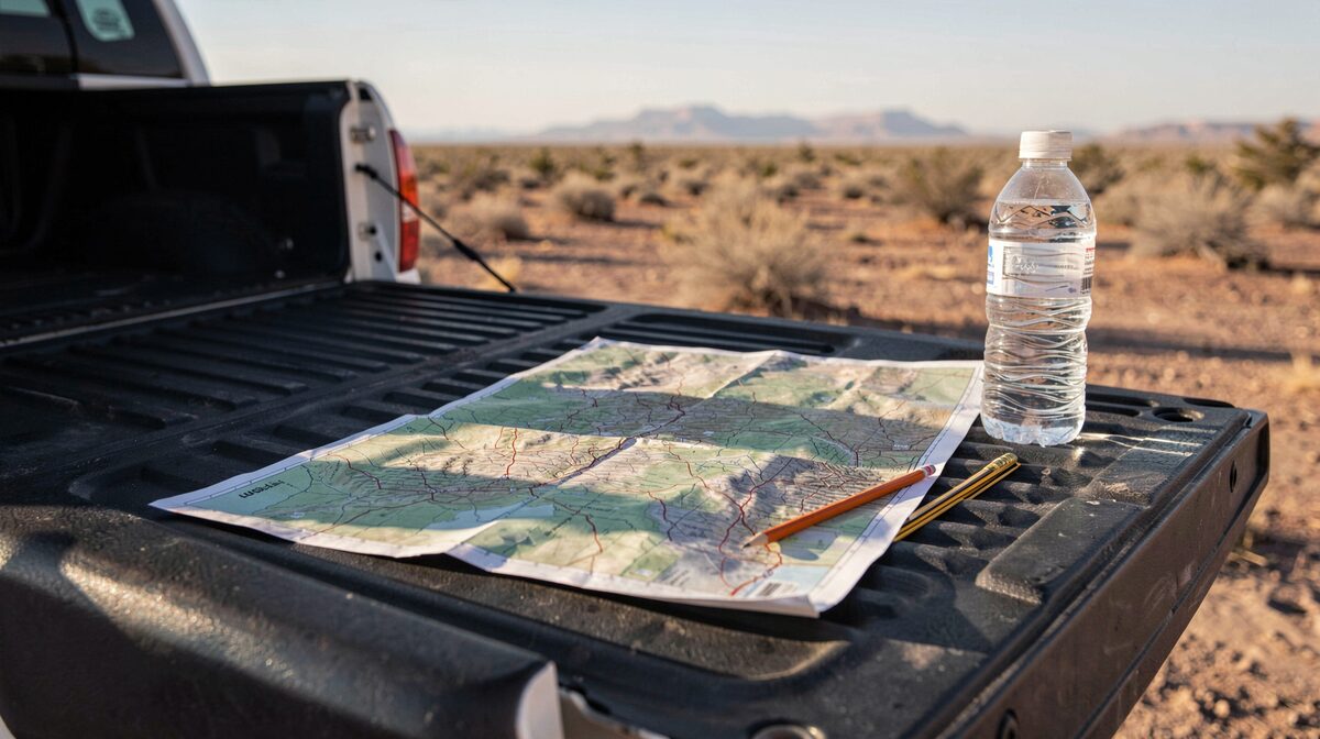 A folded USGS topographic map on a truck tailgate in low desert light, a pencil and a water bottle holding down the corners, dry arroyo visible in the background.