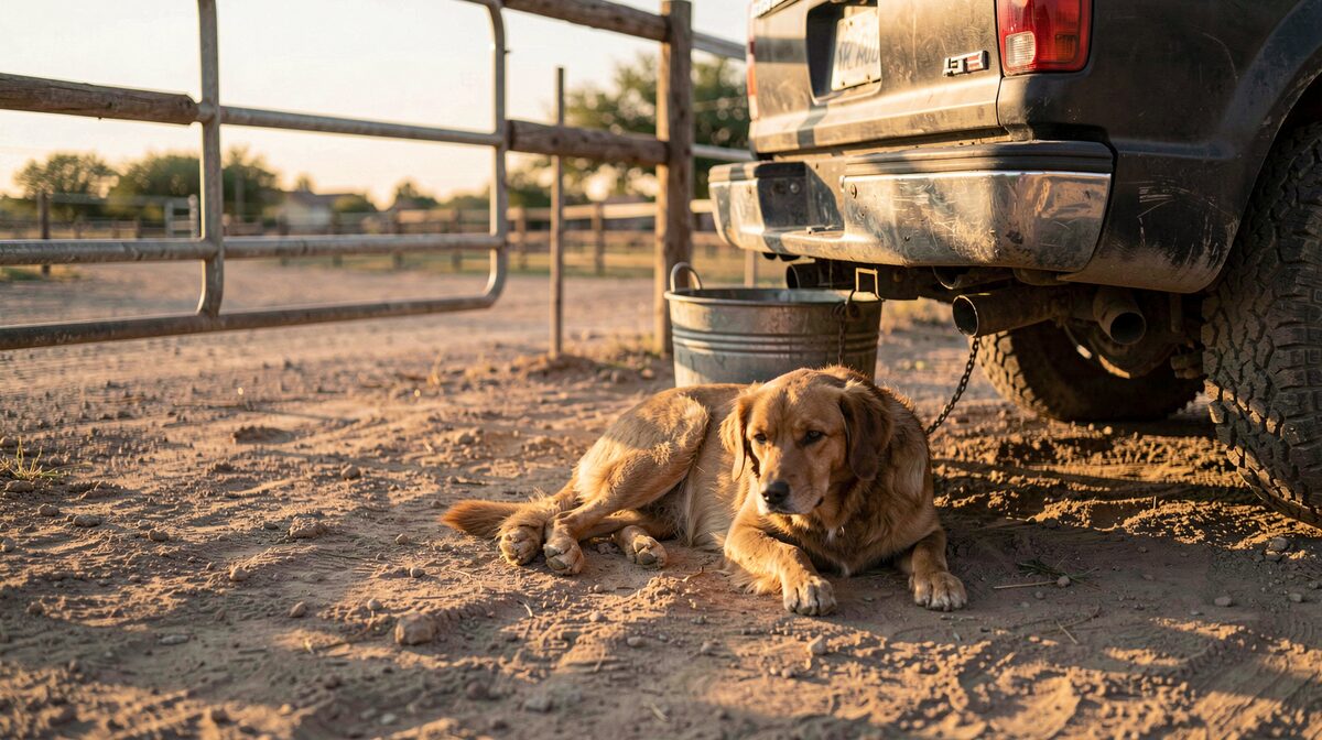 A stock dog resting in the shade of a pickup truck at a ranch gate near dusk, pads dusty, water bucket at the bumper, long shadows across caliche.